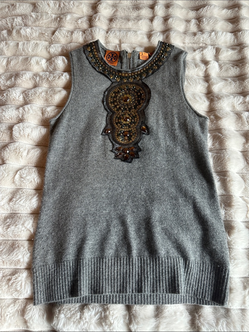 Tory Burch Gray Sleeveless Rhinestones 100% Cashmere Sweater